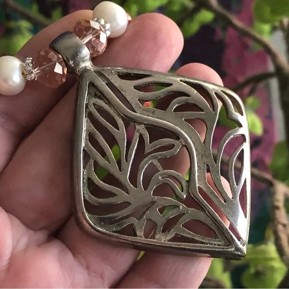 Handcrafted repurpose large filigree pendant Czech glass Pearl necklace